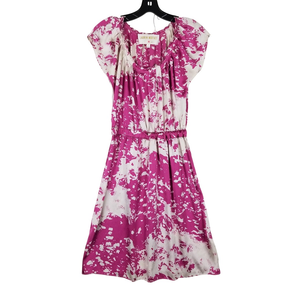 Lauren Moffatt Silk Dress Womens Size 8 Magenta Abstract Print Cap Sleeve Mini